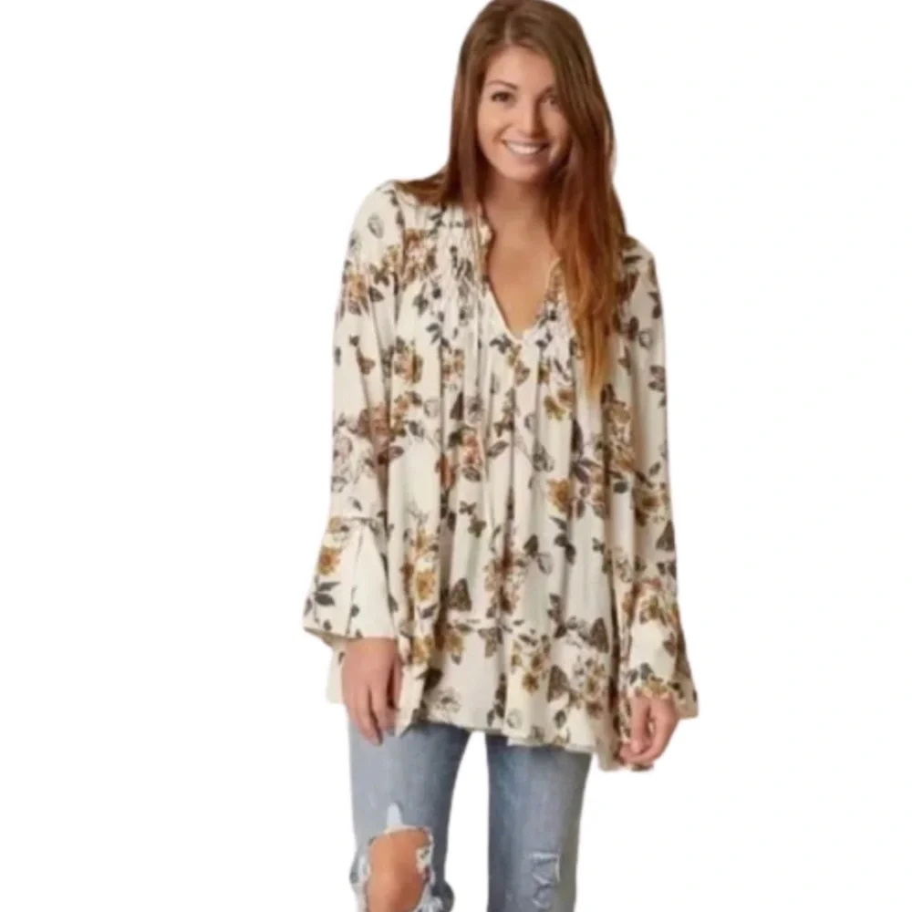 Free People Pebble Crepe So Fine Smocked Tunic in Ivory Combo Size Small